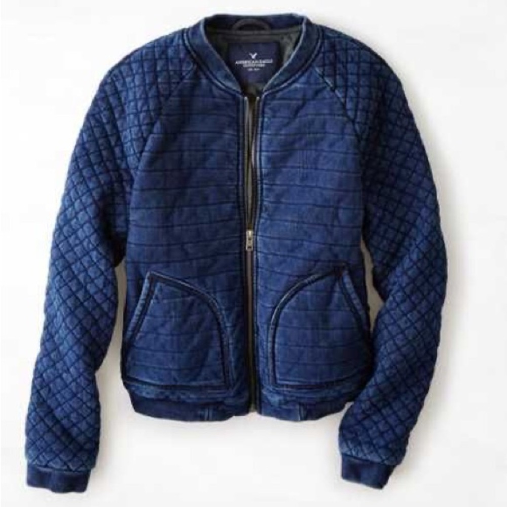 American Eagle Quilted Jacket Womens Size Medium Bomber Full Zip Lined Blue